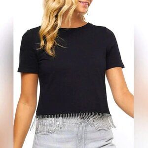 JOIE Black Diamante Rhinestone Trim Oversized Crop Top Tee Shirt Size Small NEW